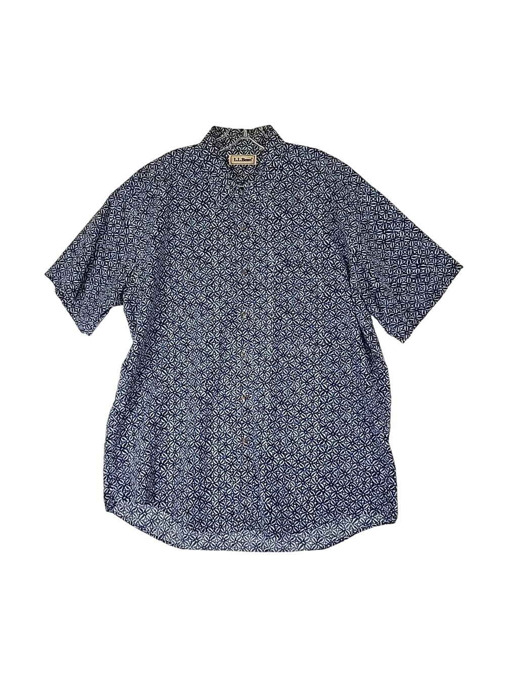 Vintage LL Bean Shirt Men Large Blue Geometric Floral Hawaiian Beach Lake #986